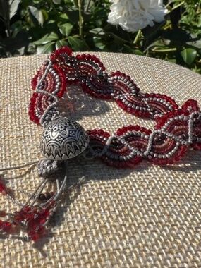 Ruby Red & Silver Gray Beaded Macrame Boho Toggle Bracelet